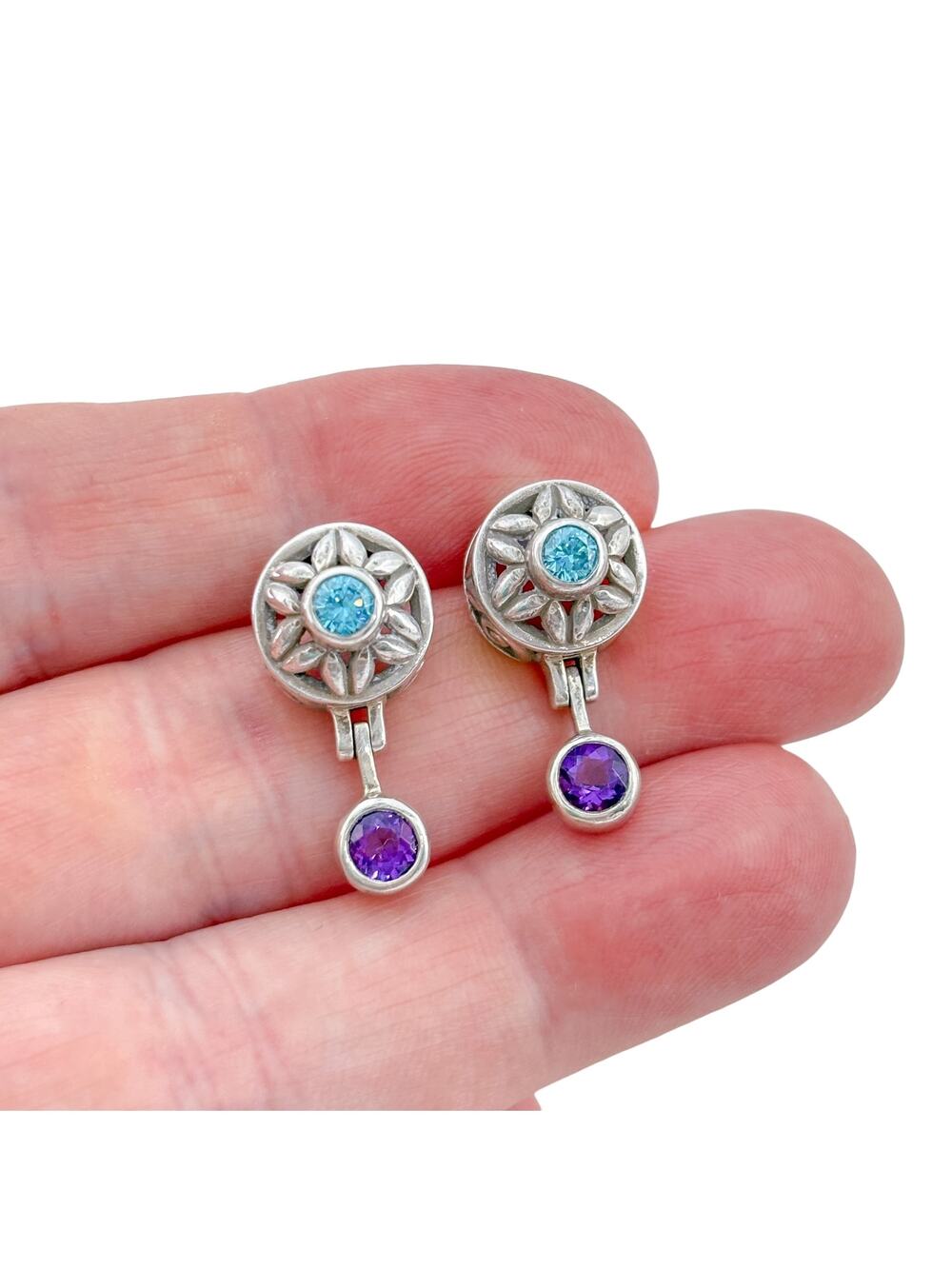 Vintage Sterling Silver 925 Amethyst Blue Crystal Dangle Earrings